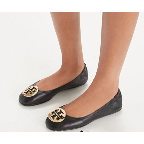 Tory Burch Minnie Travel Ballet Flats Black Leather Gold Logo Women’s Size 8 - Picture 10 of 11